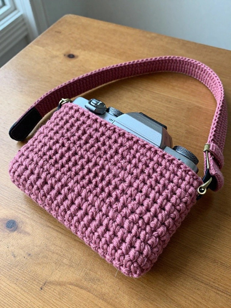 Pink crocheted pouch holding a silver compact camera, with a wide matching strap draped over it on a wooden table.