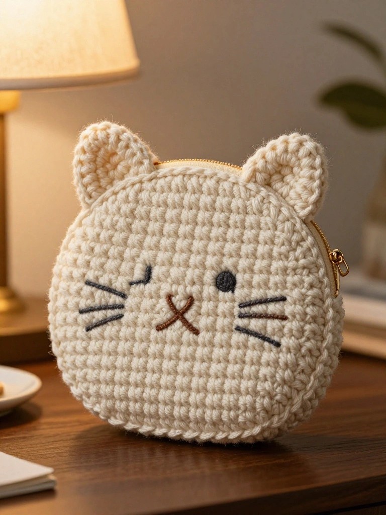 Cream crocheted pouch shaped like a cat face with ears, embroidered features, and a gold zipper, placed on a wooden table near a lamp.