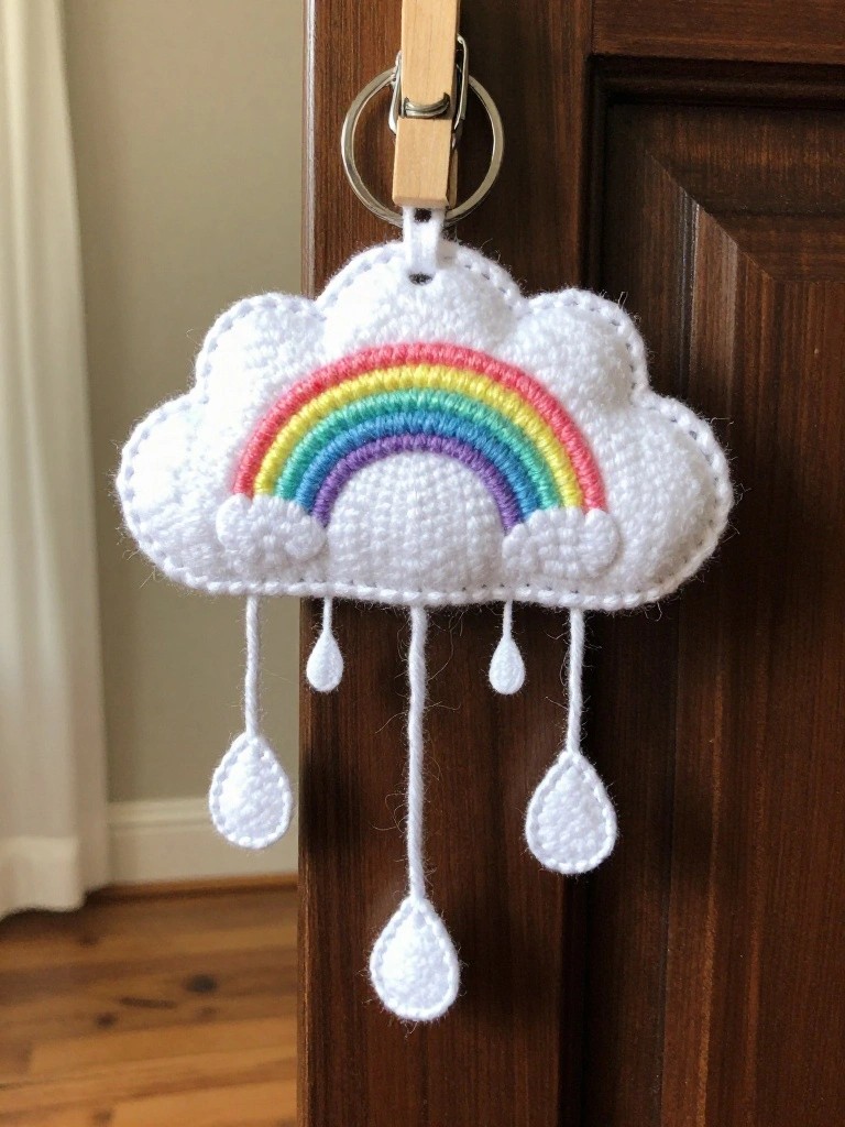 Crocheted white cloud ornament featuring a multicolored rainbow and dangling white raindrops, clipped to a wooden door handle.