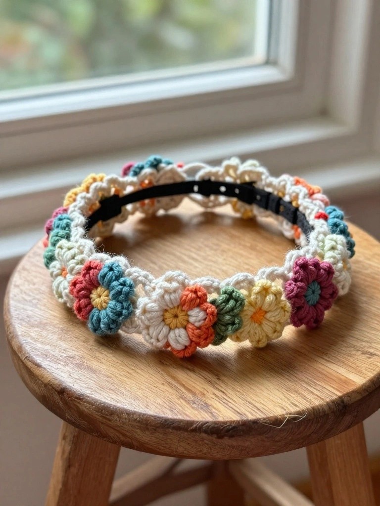 Crochet headband with a ring of small multicolored flowers in white, pink, orange, teal, and purple on a black elastic band, placed on a wooden stool by a window.