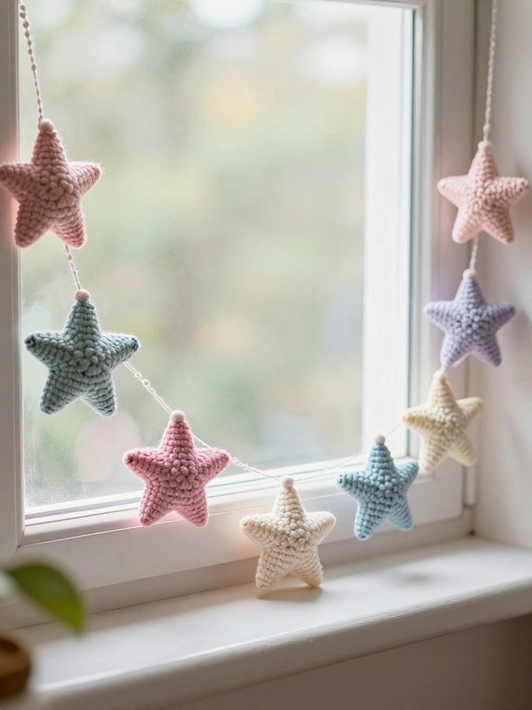 Crocheted plush stars in pastel pink, teal, lavender, and cream hang from strings along a white cord in front of a window.