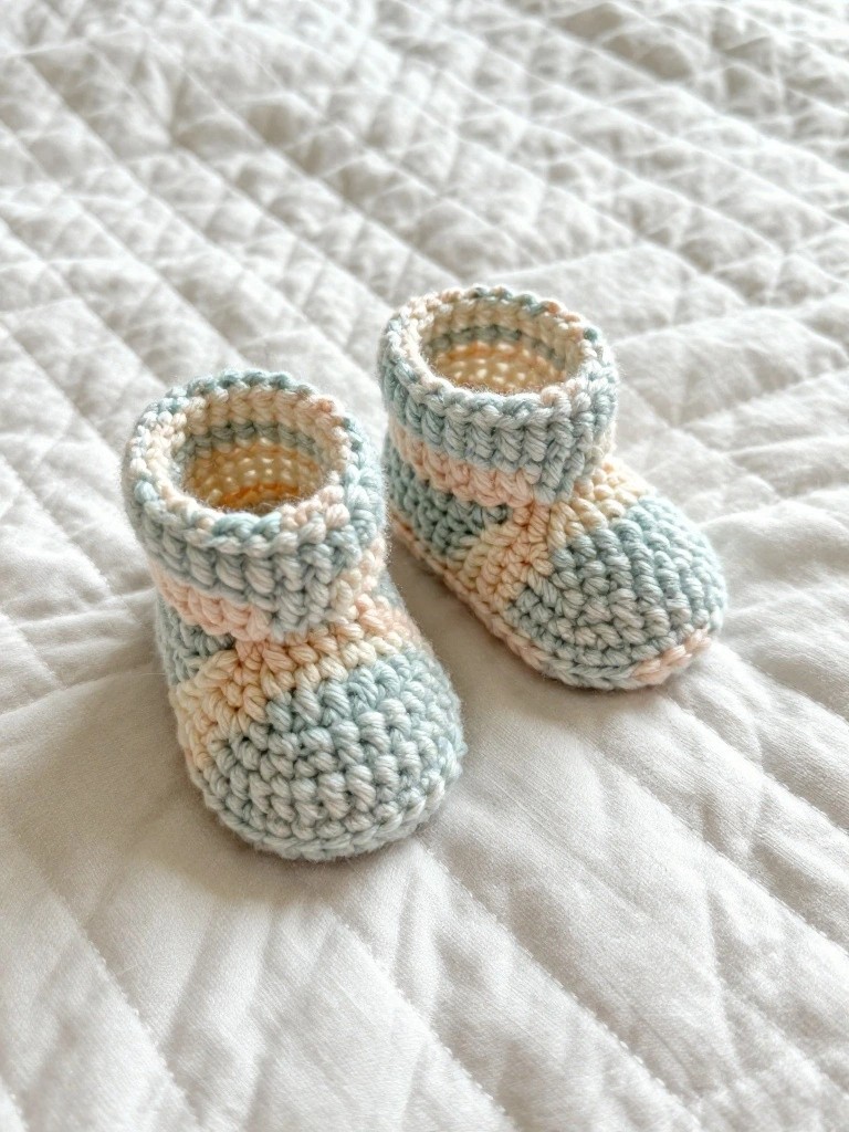 A pair of handmade crochet baby booties in striped mint green, peach, and cream sits on a white quilted blanket.