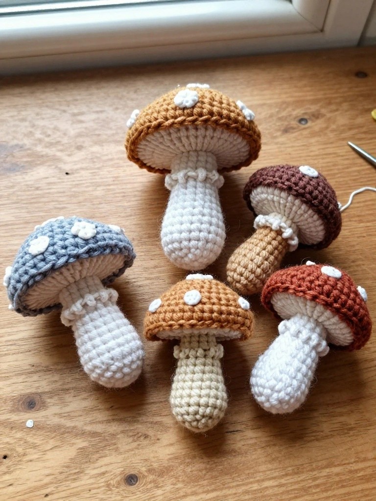 Five small crocheted mushrooms with white stems and spotted caps in beige, blue, brown, and orange sit on a wooden table next to yarn and a needle.