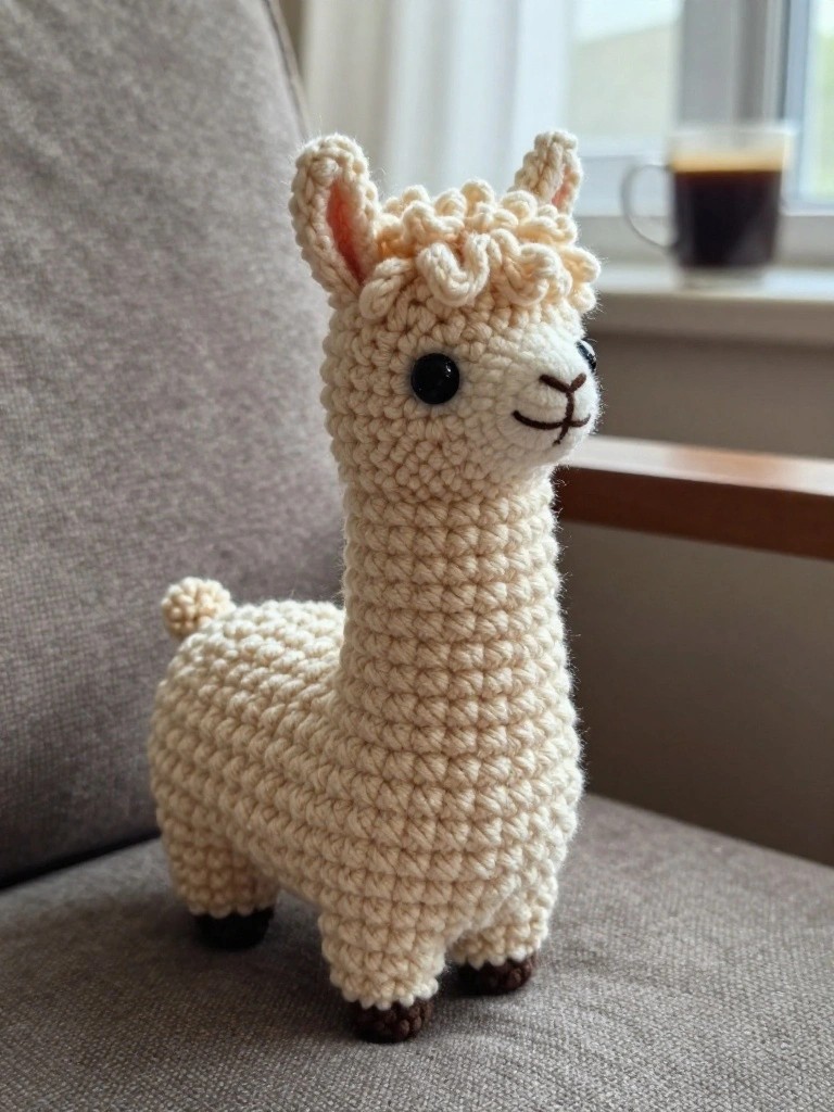 Small beige crocheted llama plush with curly mane and brown feet sitting upright on a gray chair near a window and coffee cup.