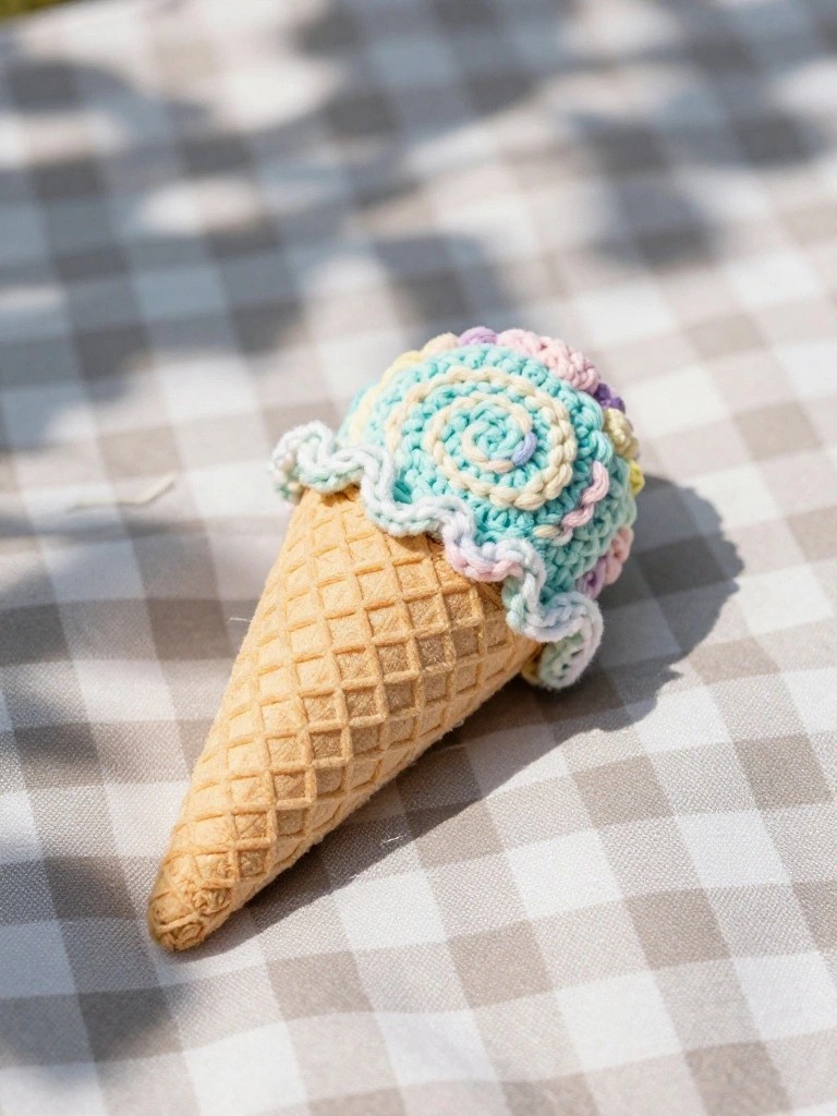 Handmade crochet ice cream cone with beige textured waffle base and teal swirled top accented by white ruffles and rainbow yarn, on a sunlit checkered picnic blanket.