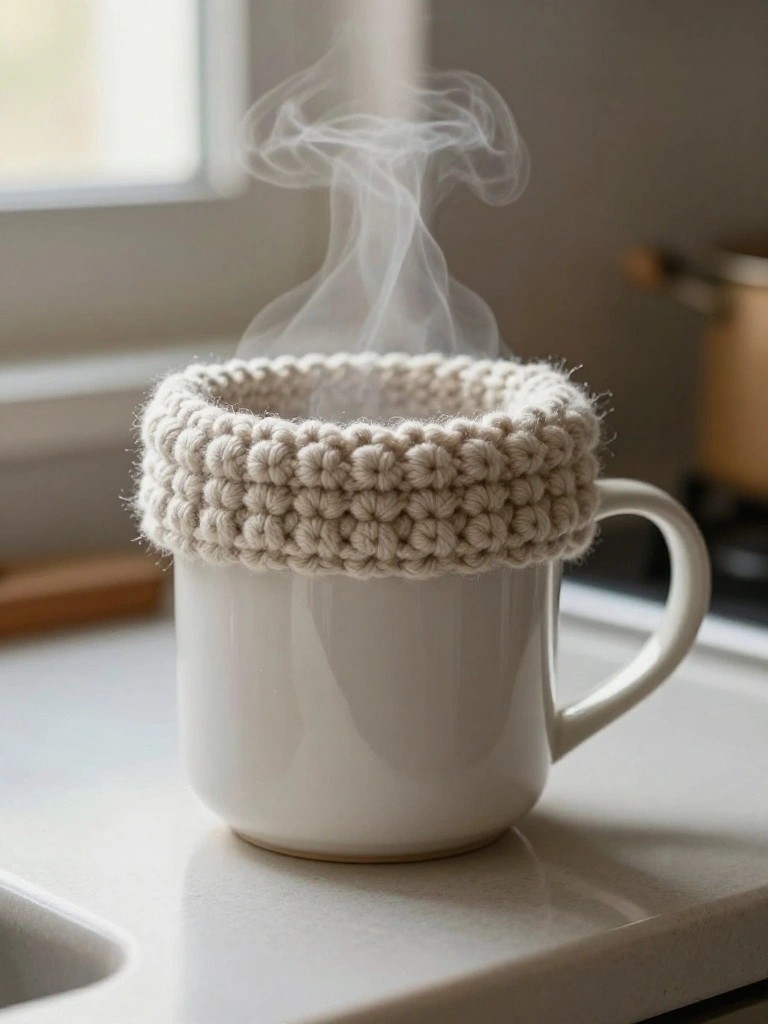White ceramic mug topped with steam on a kitchen counter, wrapped in a cream-colored crocheted cozy with a textured, bumpy band.