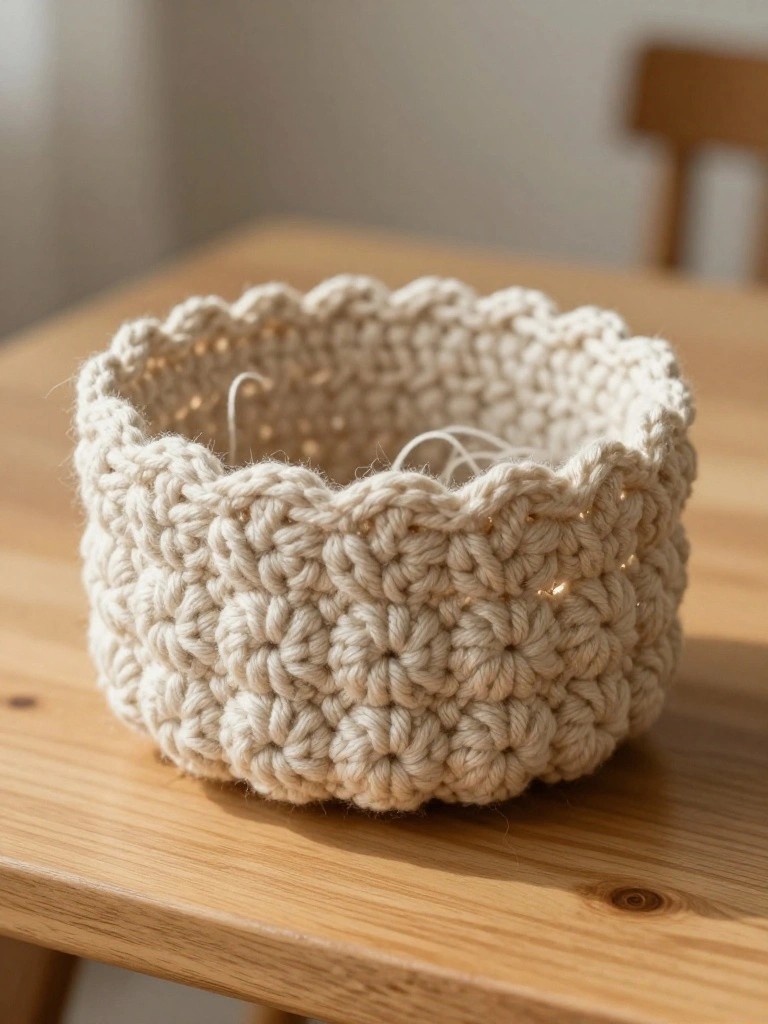 A handmade crochet basket in creamy yarn with bumpy textured sides, a scalloped top edge, and a ball of yarn inside, placed on a wooden table.