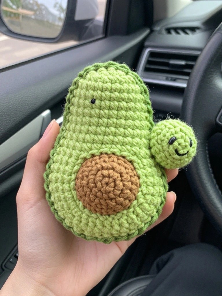 A handmade green crochet avocado plush with a brown pit and a tiny smiling baby avocado attached sits in a car dashboard, held in a person's hand.