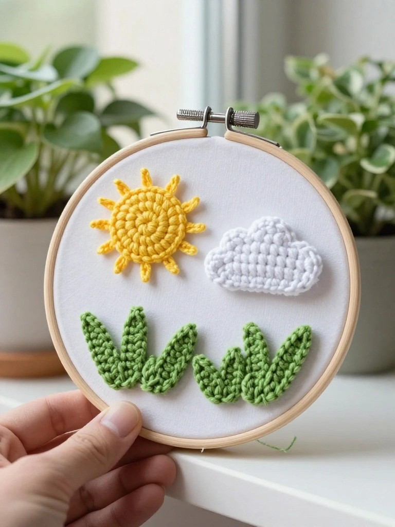 A hand holds a small white embroidery hoop filled with fabric featuring a yellow crocheted sun, white puffy cloud, and green grass tufts, set against a sunny window with plants nearby.
