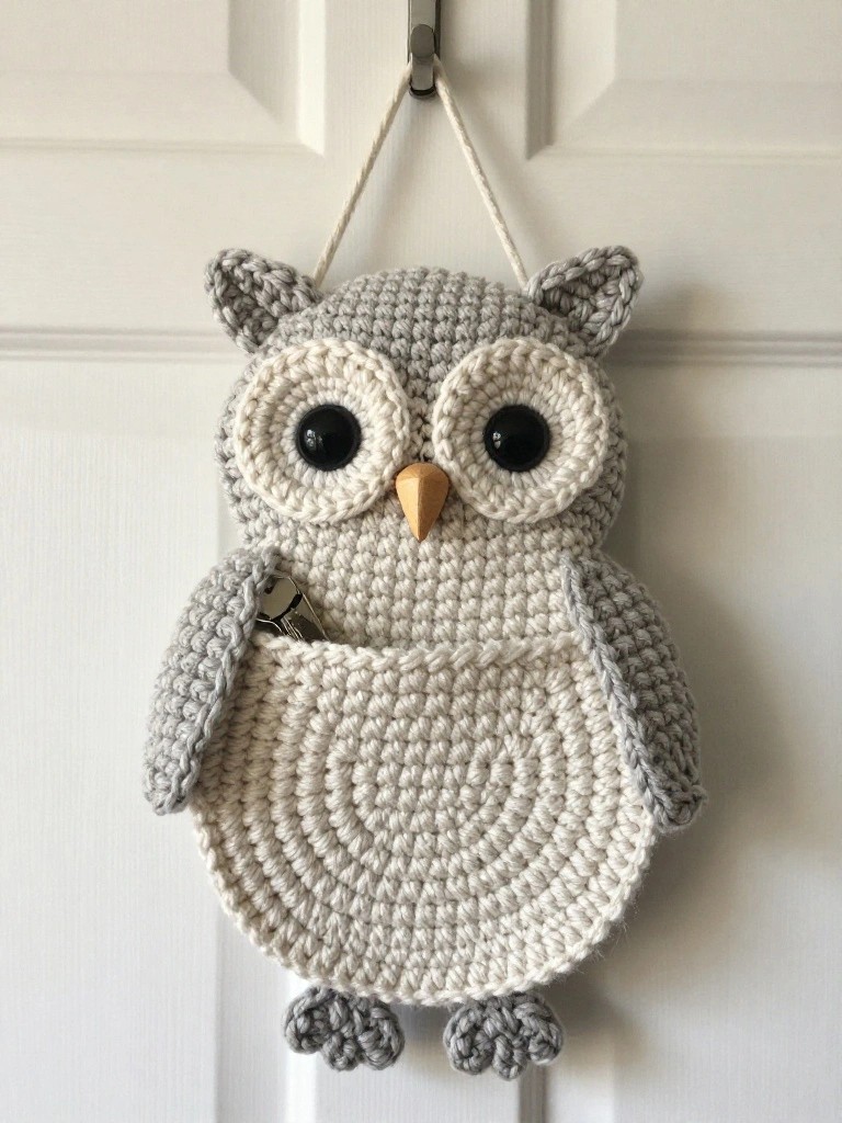Crocheted gray owl with white belly pocket and yellow beak hanging from a door hook against a white door.