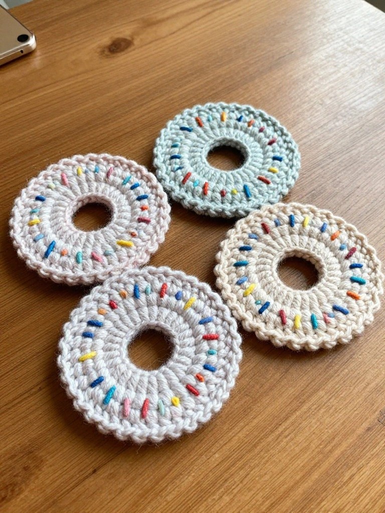 Four pastel crocheted coasters shaped like donuts with colorful yarn sprinkles around the edges, arranged on a wooden table.
