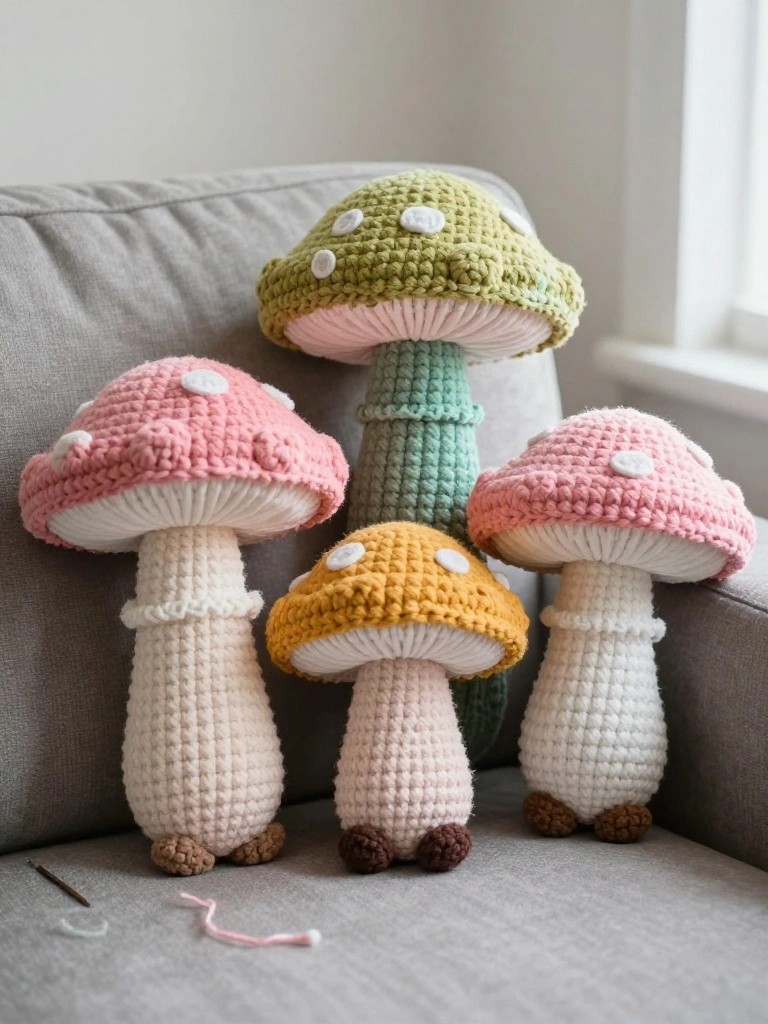 Five plush crocheted mushrooms in pink, green, orange, and cream with white spots sit grouped on a gray couch, showing fuzzy yarn texture and small feet on the bases.
