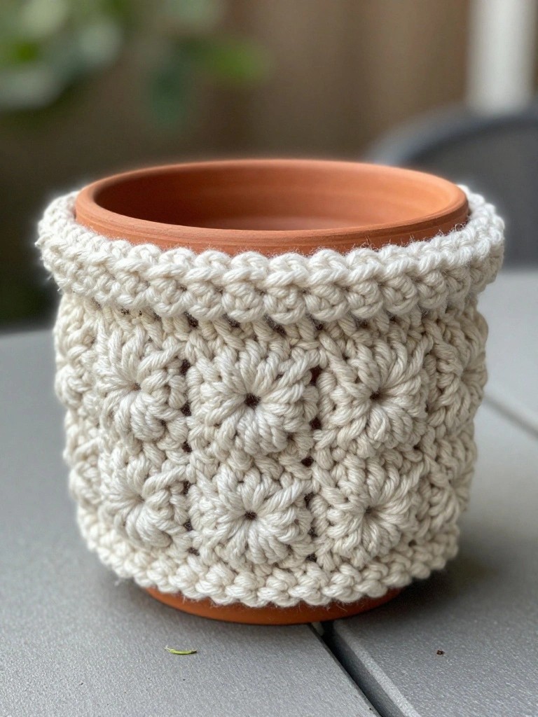 Terracotta clay pot on an outdoor table wrapped in a creamy white crocheted sleeve with textured bobble flower motifs.