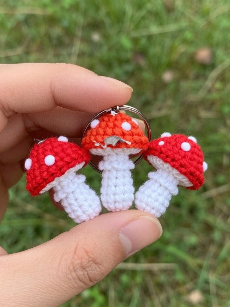 A hand holds three tiny crocheted mushrooms with red caps dotted in white spots and white stems attached to a metal keyring against green grass.