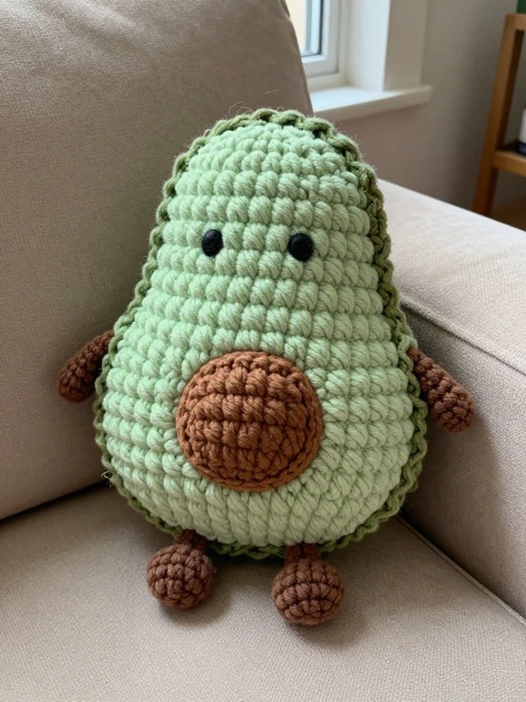 A handmade crocheted avocado plush toy in bright green yarn with a brown pit, big black eyes, arms, and legs, sitting on a beige couch near a window.