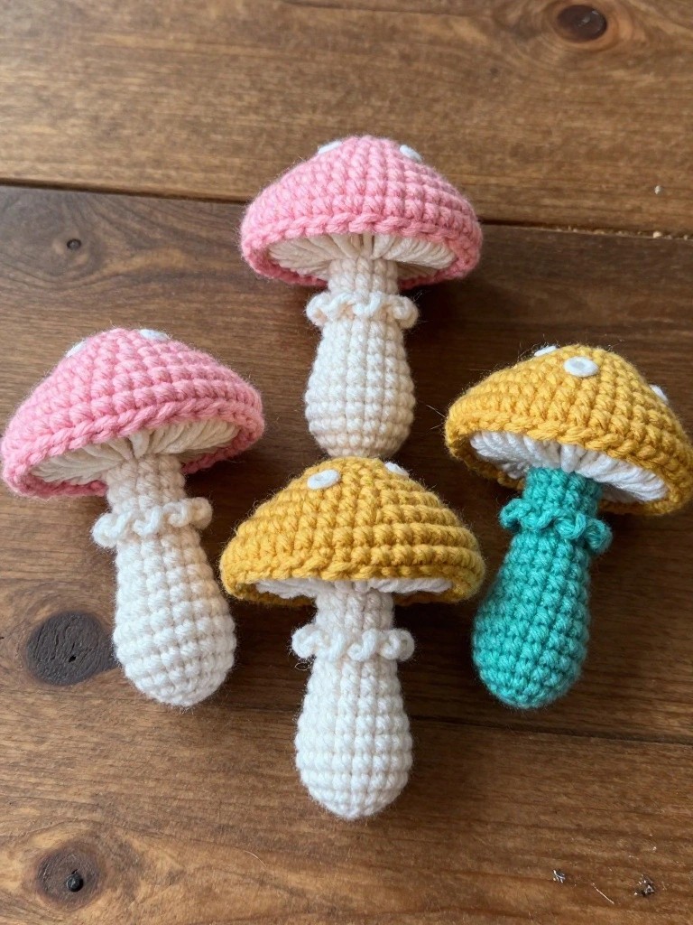 Four plush crochet mushrooms in pink, yellow, teal, and white arranged on a wooden table.