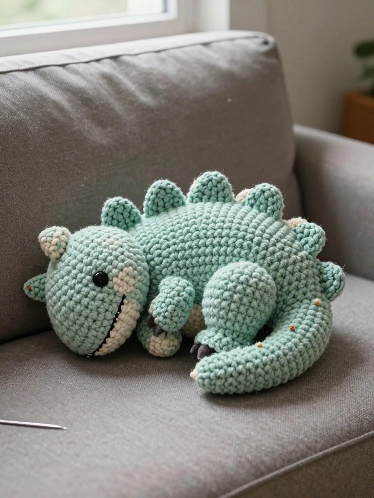 Handmade mint green crochet dinosaur plush toy curled up on a light gray couch with spikes along its back, big eyes, and a nearby crochet hook.