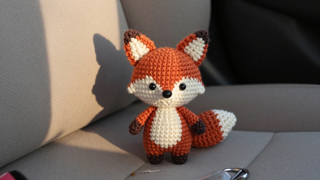 Small orange crocheted fox plush with white accents and a key ring, hanging from a dark car seat.