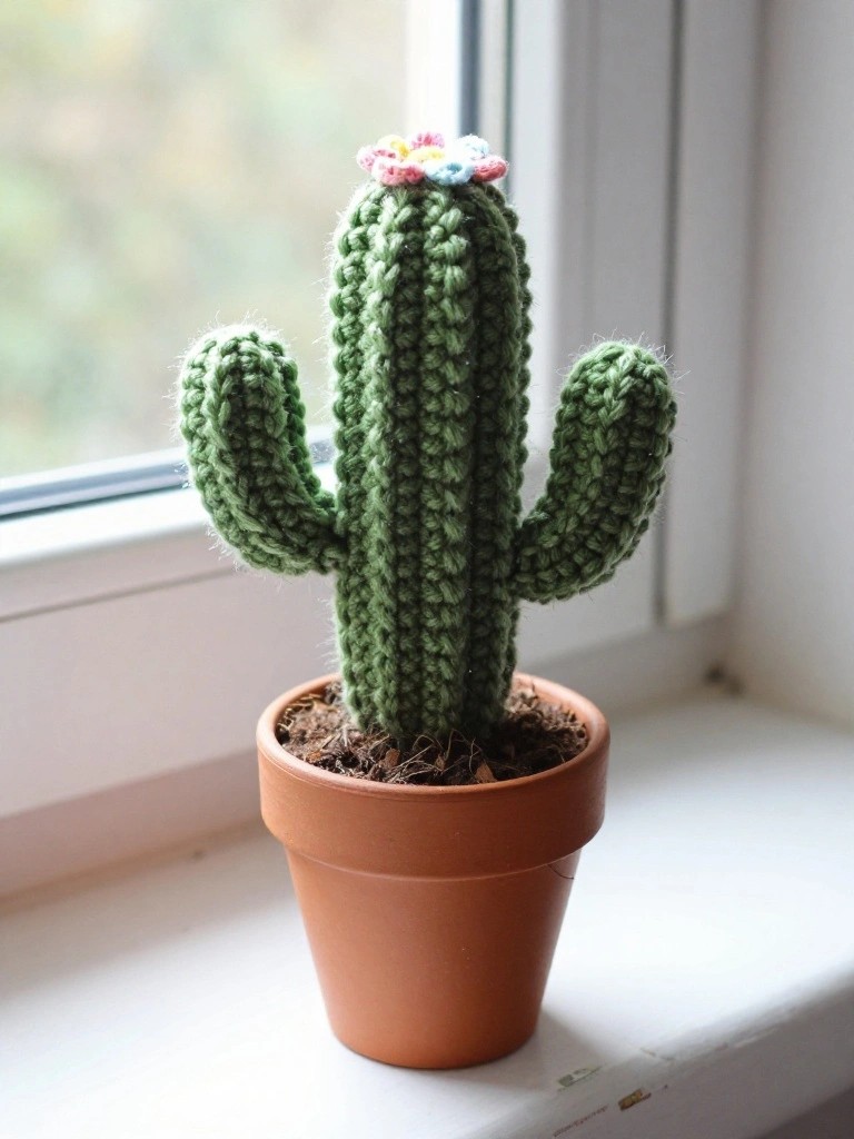 A crocheted green cactus with two arms and a small flower on top sits in a terracotta pot on a windowsill.