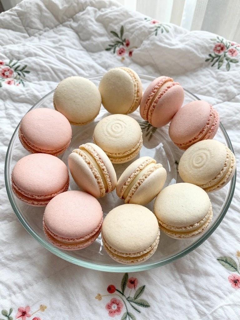 A glass bowl filled with pink and white macarons on a floral-patterned fabric.