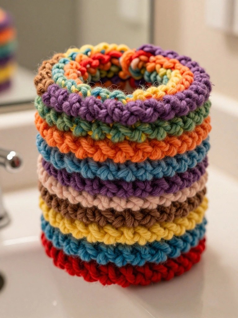 Colorful, knitted coasters stacked in stripes of orange, purple, blue, and red.