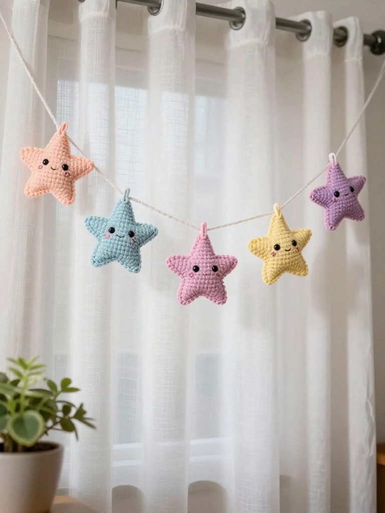 Colorful crocheted star decorations in pastel shades hanging on a string against white curtains.