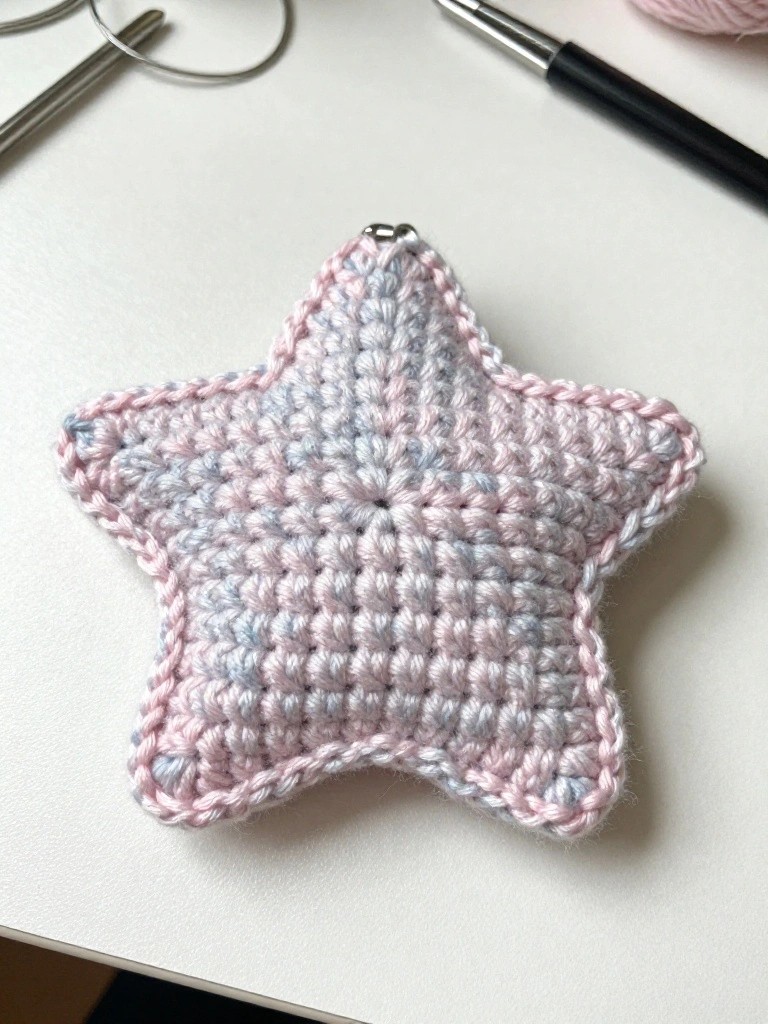Crocheted star in pastel pink and blue yarn on a white surface, surrounded by tools.