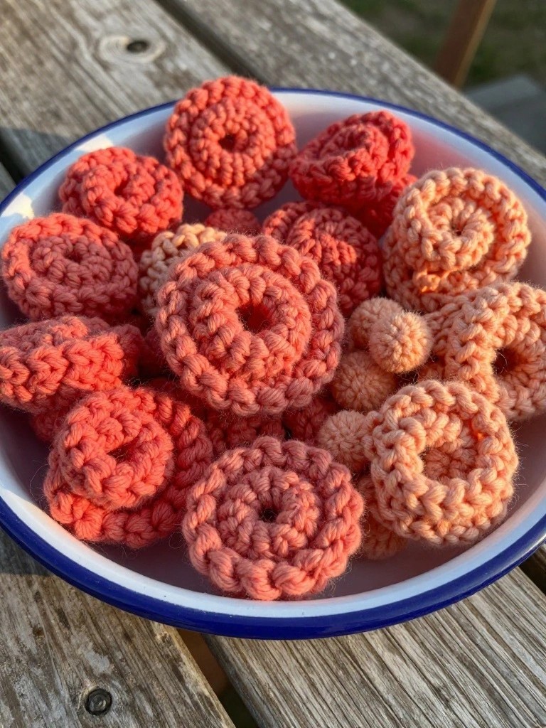A bowl filled with various crochet circles in shades of peach and coral.