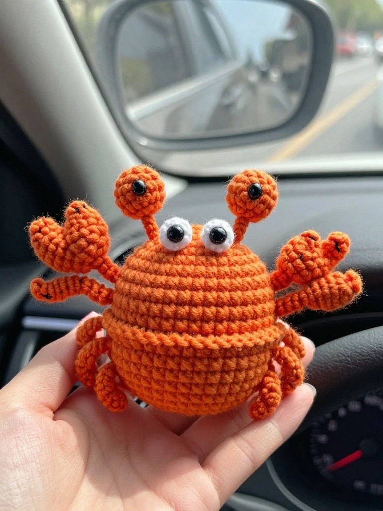 An orange crocheted crab with googly eyes held in a hand inside a car.