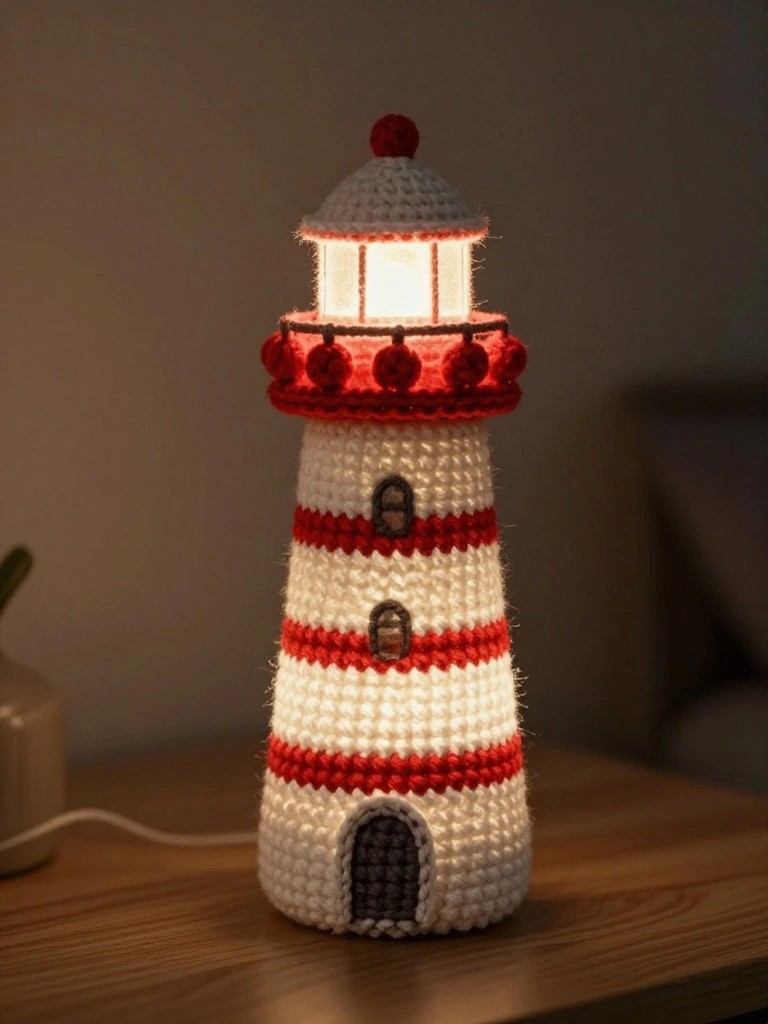 Crocheted lighthouse lamp in red and white, illuminated on a wooden table.