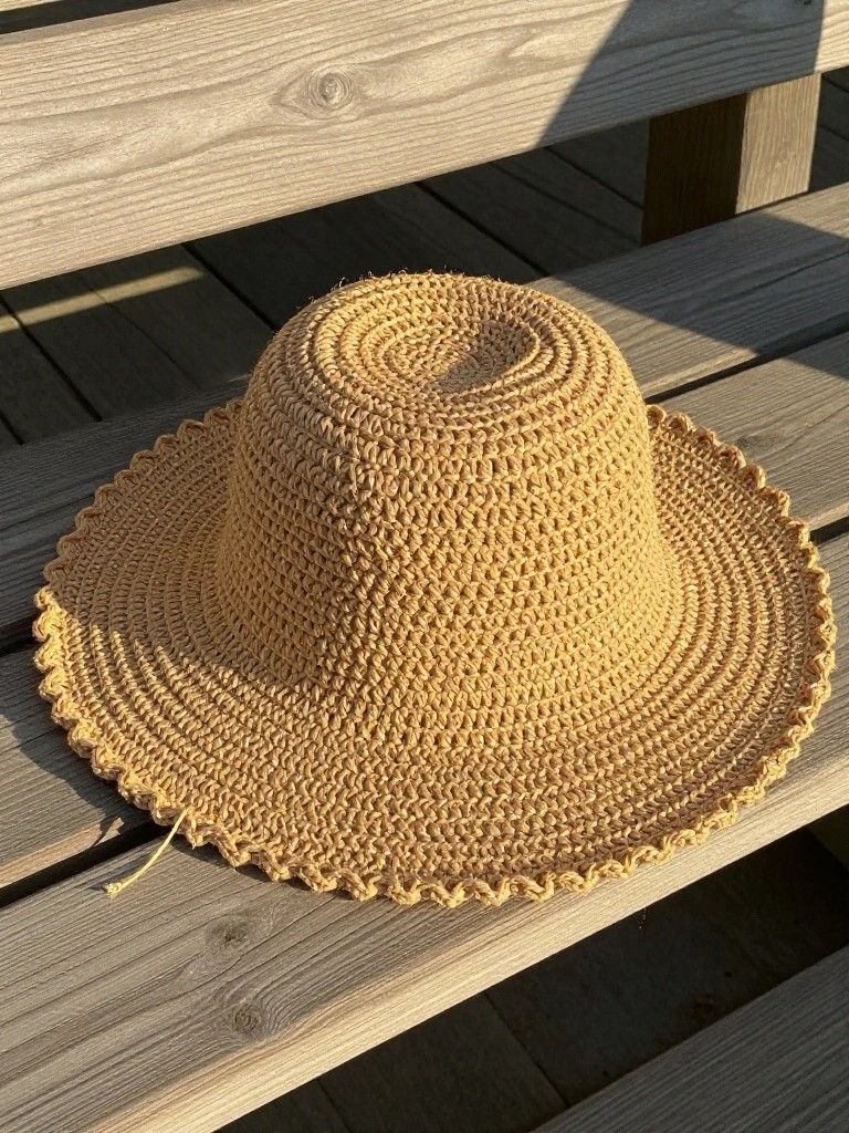 A straw sun hat resting on wooden slats, featuring a round crown and scalloped brim.