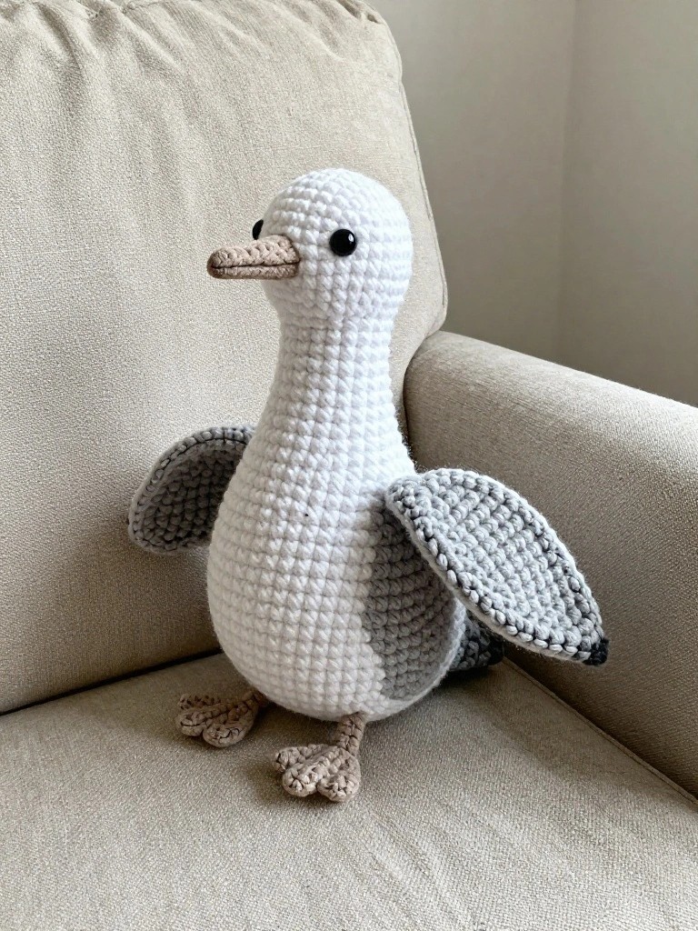 Crocheted gray and white bird plush sitting on a beige sofa.