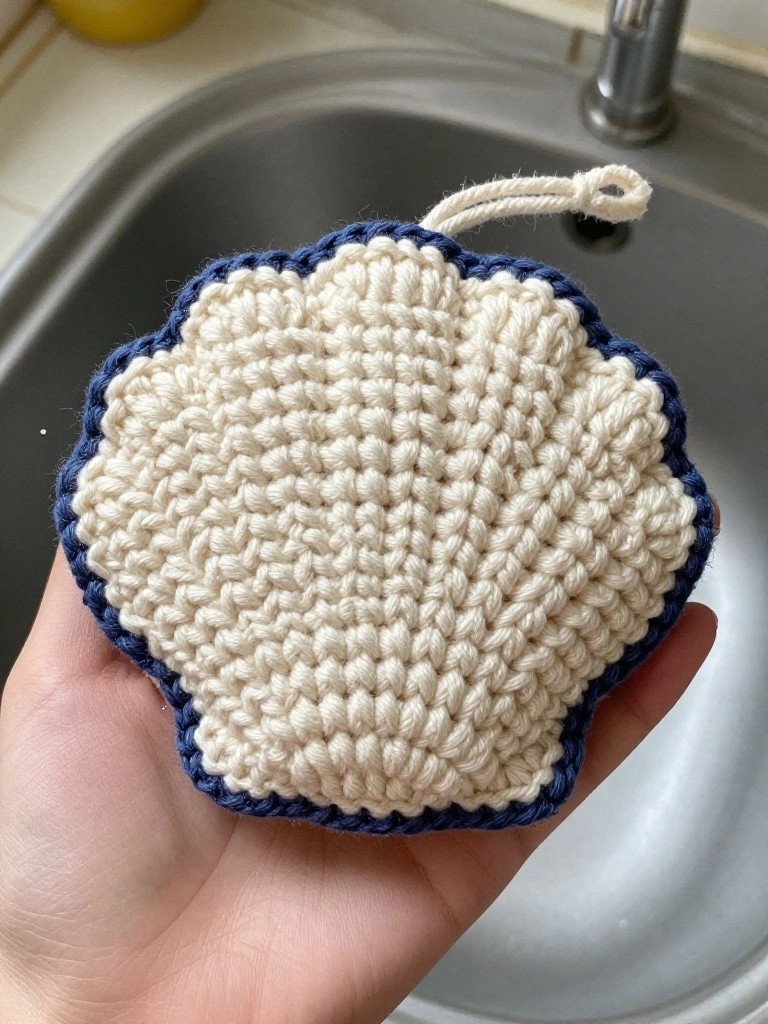 Crochet shell-shaped pot holder in cream and navy colors, held in a hand.