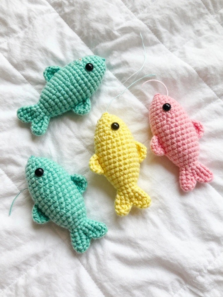 Four crocheted fish in teal, yellow, pink, and green placed on a white fabric.