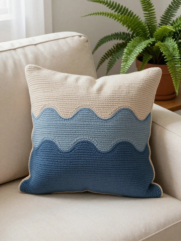 A decorative pillow with wave patterns in beige, light blue, and dark blue on a sofa.