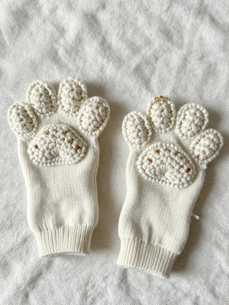 Paw Print Mittens with Added Crochet Appliques