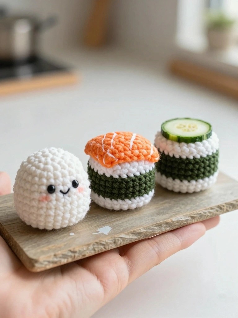Mini Crochet Sushi as Play Food or Desk Accents