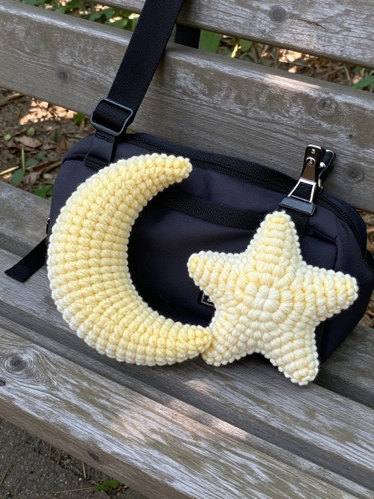 A yellow crocheted crescent moon and star attached to a black bag on a wooden bench.
