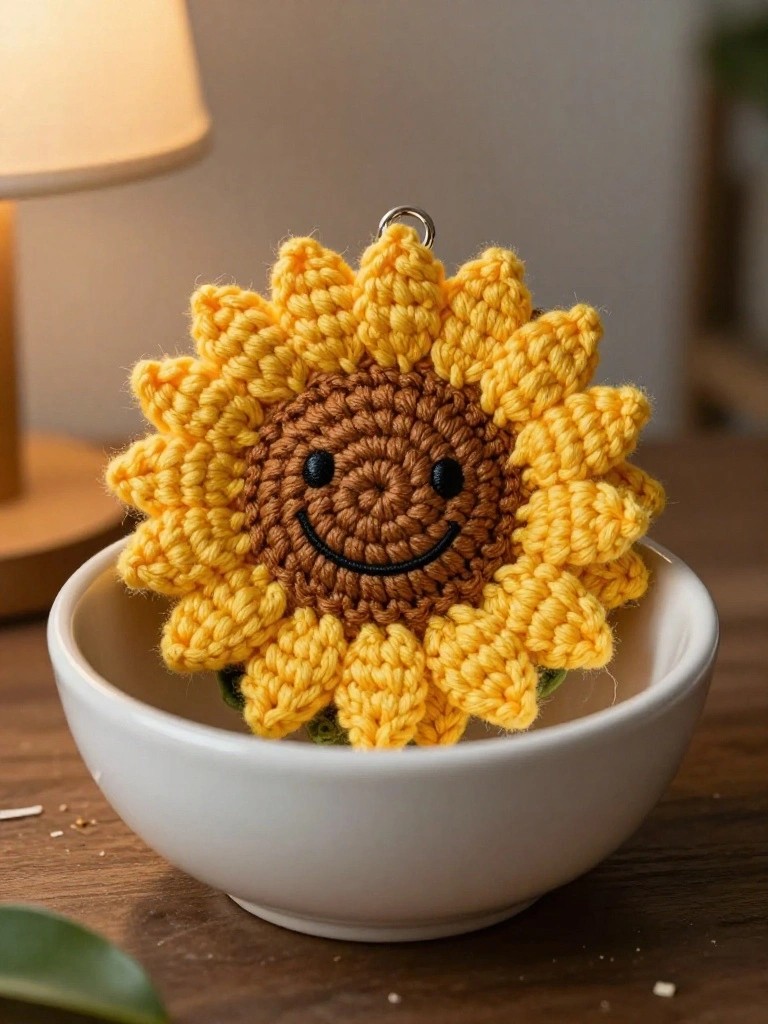 Sunflower Keychain with Embroidered Face