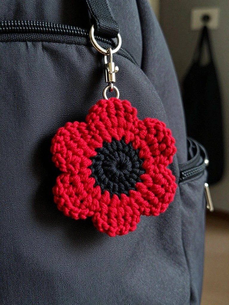 A red crocheted flower with a black center hangs from a metal keychain clip attached to a black backpack.