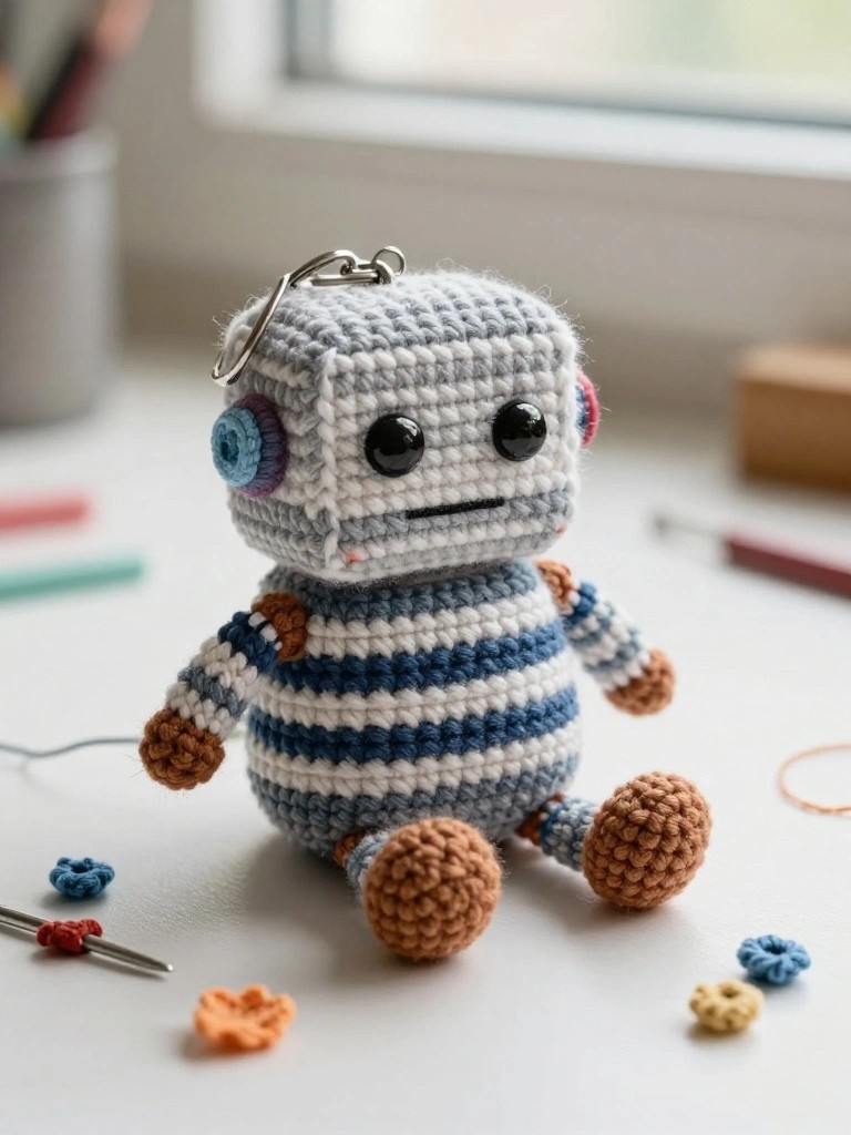 A small crocheted robot keychain with a striped body, brown limbs, black eyes, and a metal clip on top.