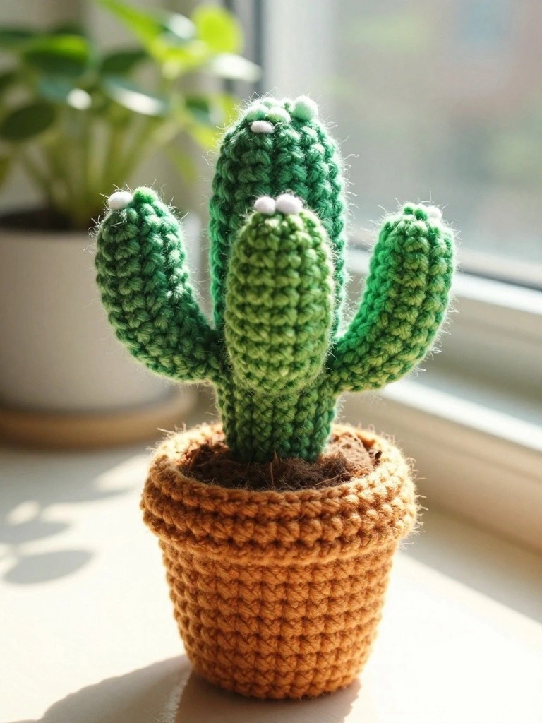 A crocheted green cactus with several arms and white spots sits inside a brown crocheted pot on a windowsill.
