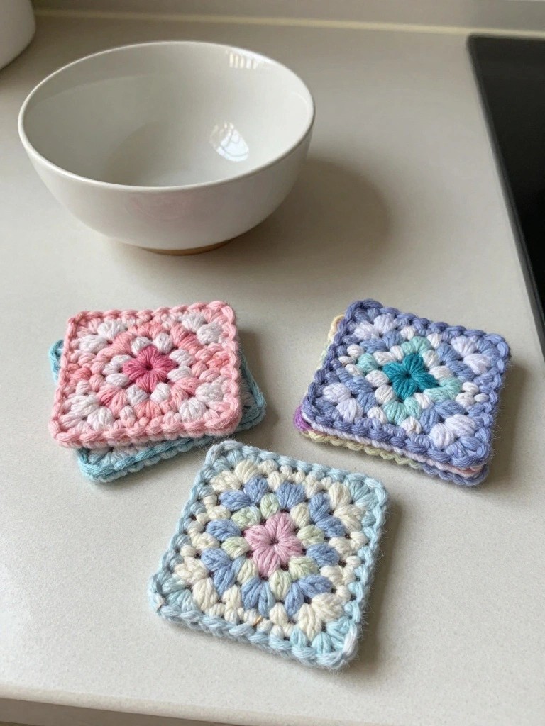 Three colorful crocheted granny square coasters sit on a kitchen counter next to a white bowl.