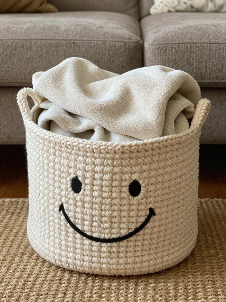 A beige crocheted basket with a black smiley face holds a white blanket on a rug in front of a couch.