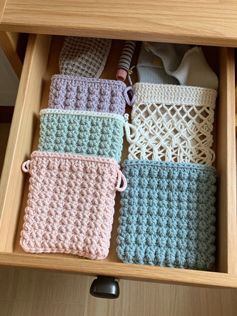 Crochet Drawstring Pouches for Drawer Sorting