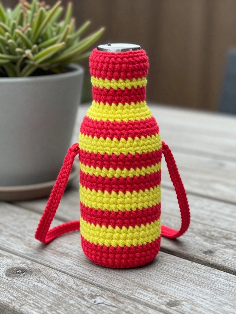 A crocheted red and yellow striped cover on a metal bottle with red straps on each side sitting on a wooden table.