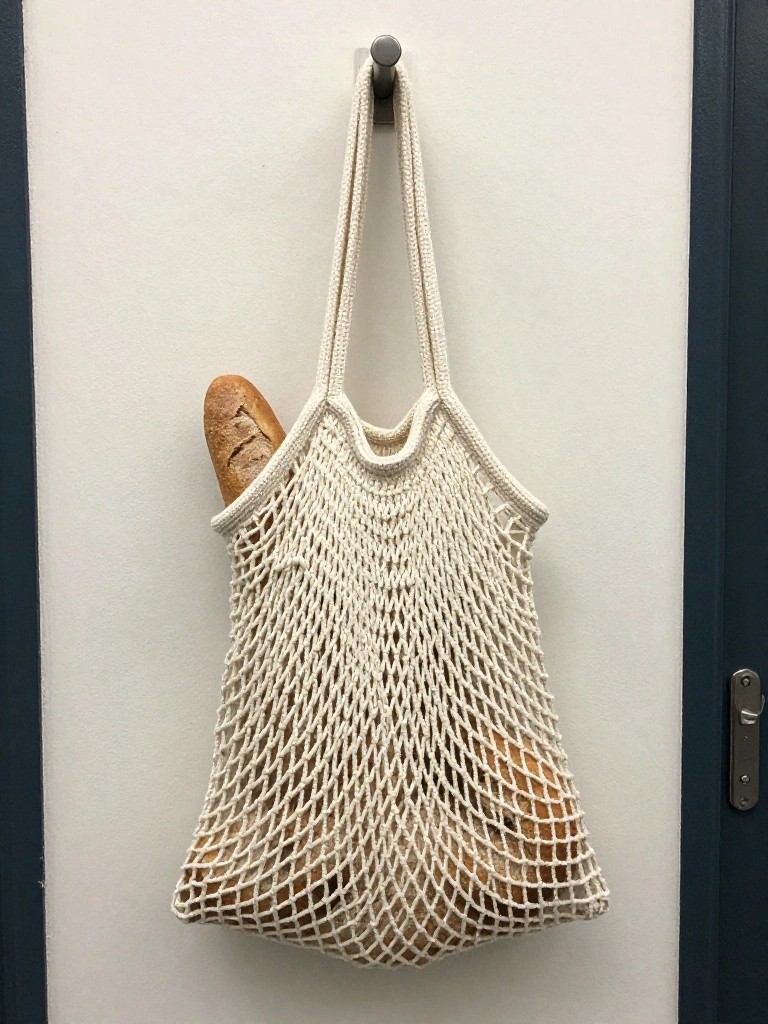 A cream crocheted net bag hanging on a hook with two loaves of bread inside.