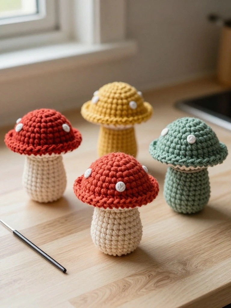 Mini Crocheted Mushrooms for Table or Shelf Decor