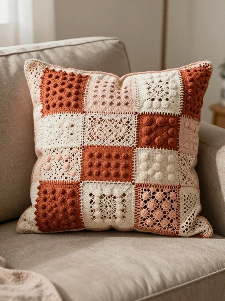 Patchwork Granny Square Pillow with Mixed Textures