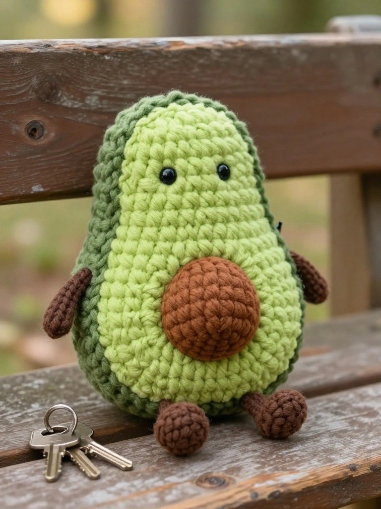 A green crocheted avocado toy with a brown center and legs rests on a wooden surface beside keys.
